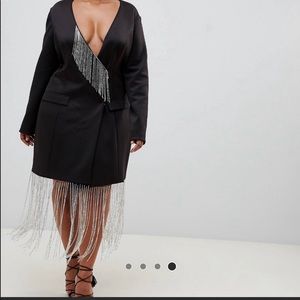 Black tux mini shift dress with rhinestone fringe